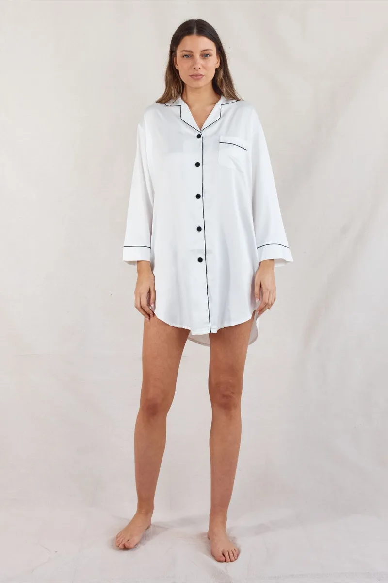The Willow white bridesmaid sleepshirt with navy piping