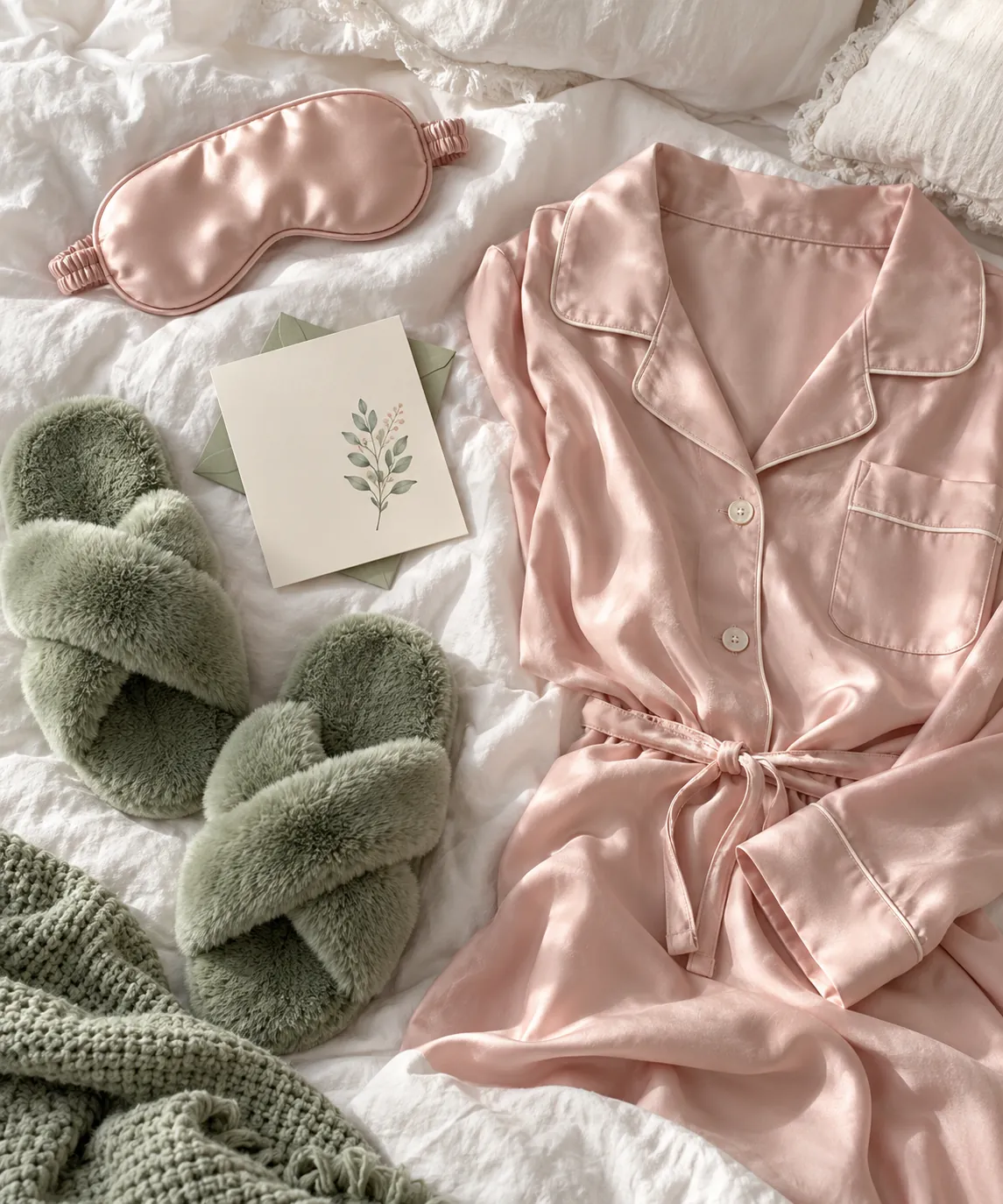 A satin eye mask, sage slippers, a card and satin pyjamas on a bed