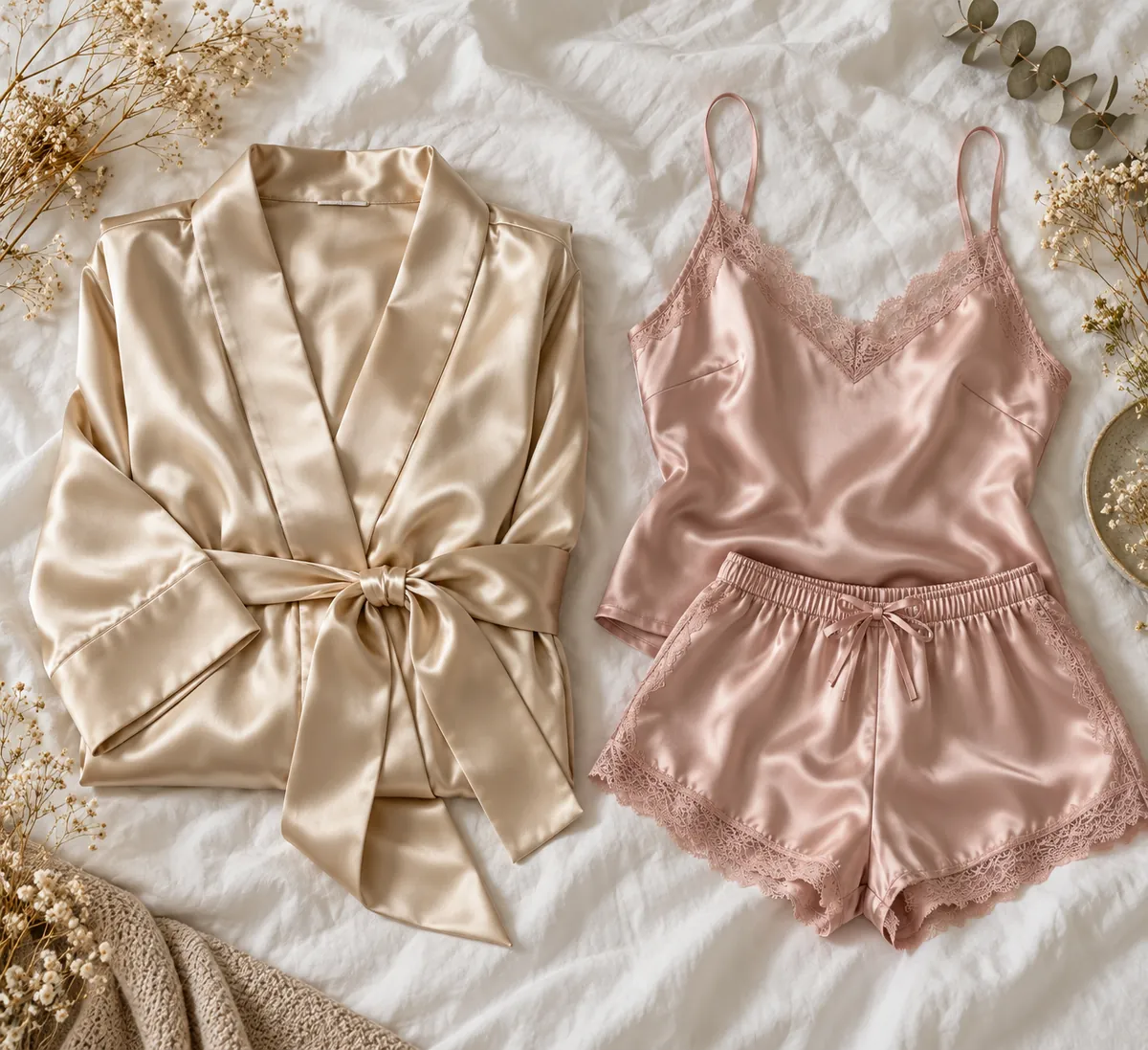 A folded satin robe and a satin cami pyjama set side by side on white linen