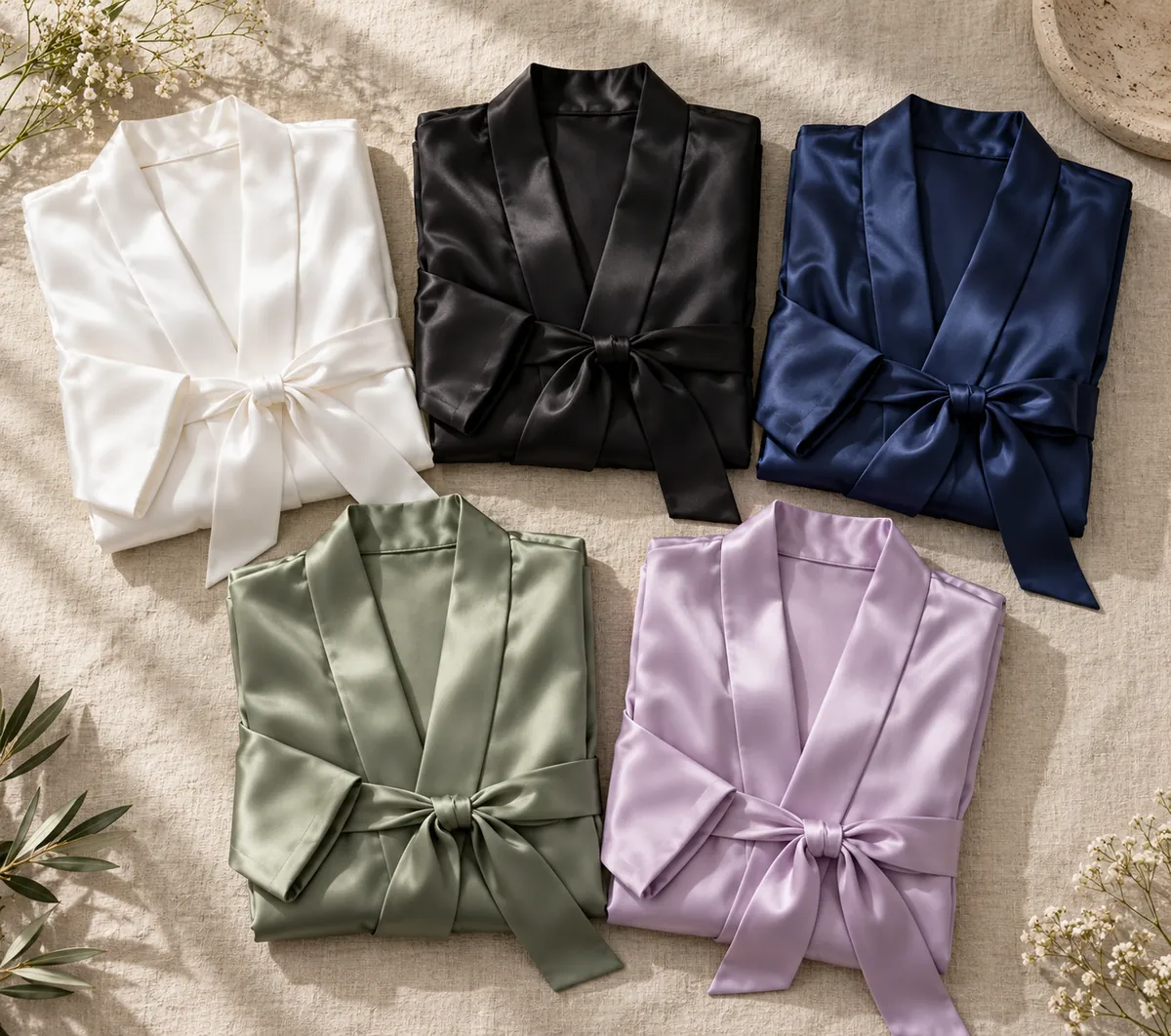 Satin robes folded in white, black, navy, sage and lilac on a linen background