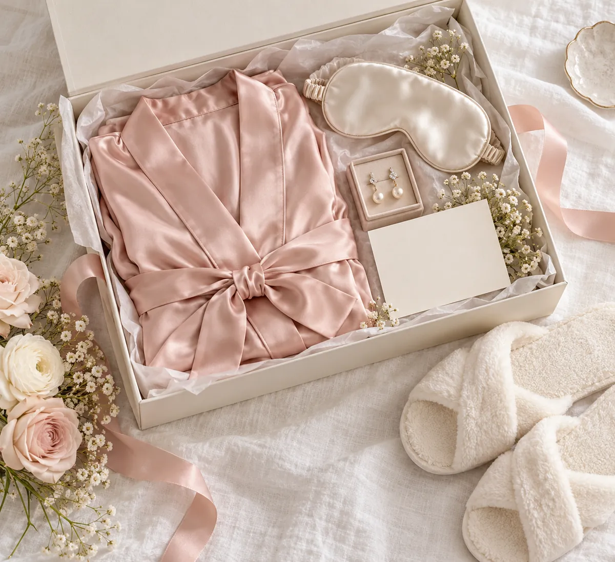 An open bridesmaid gift box with a blush satin robe, eye mask, earrings, card and slippers