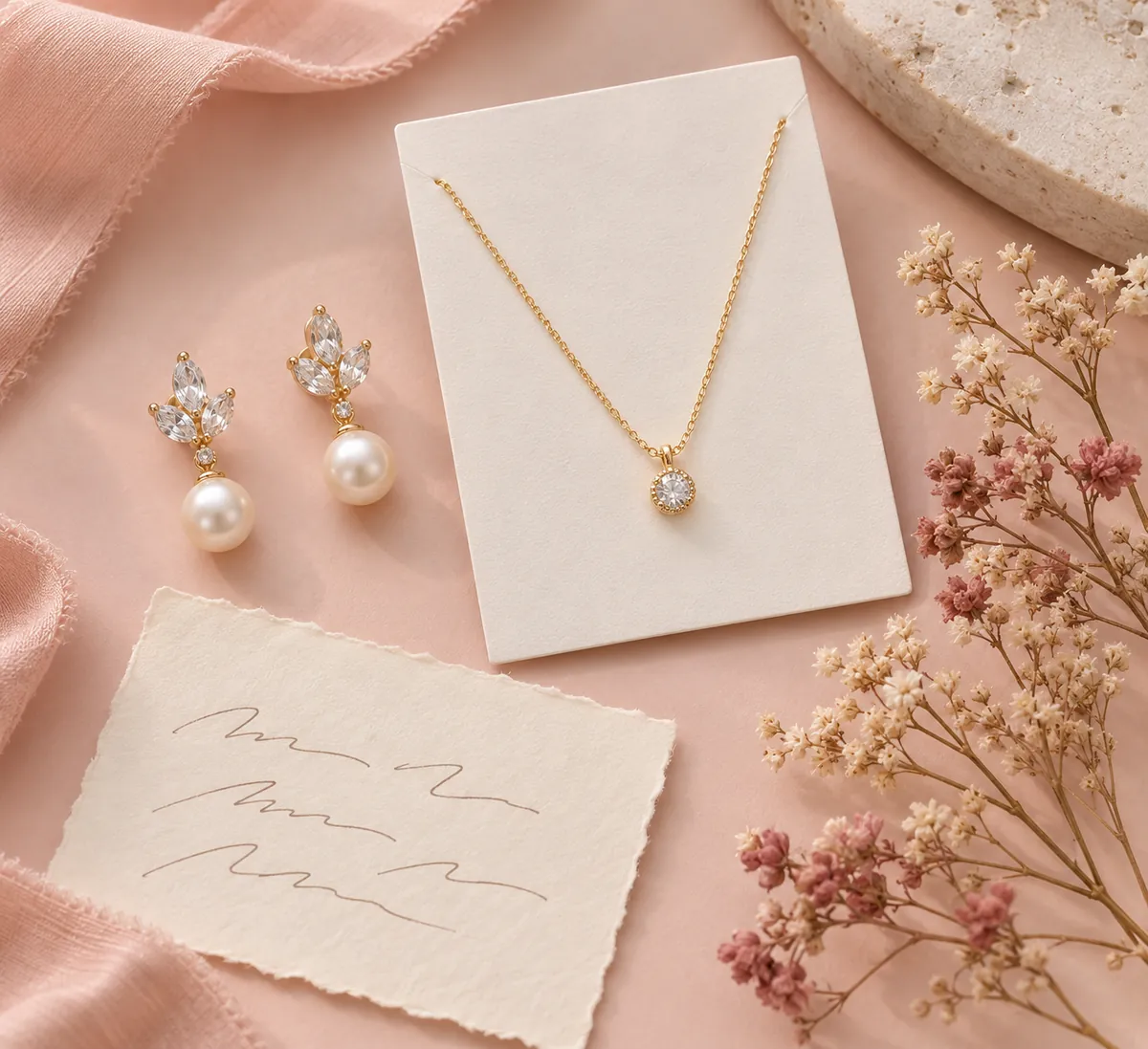 Pearl earrings, a gold necklace on a card and a handwritten note on a pink surface